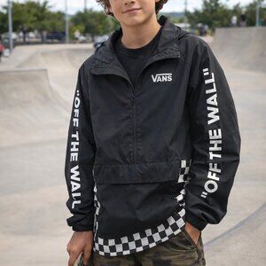 Vans Off The Wall Hood Windbreaker Jacket Mens L Black Checkered Pocket 1/4 Zip